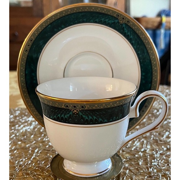 Lenox Bone China Classic Edition Footed Cup & Saucer Set, White, Green Marble - Picture 8 of 10